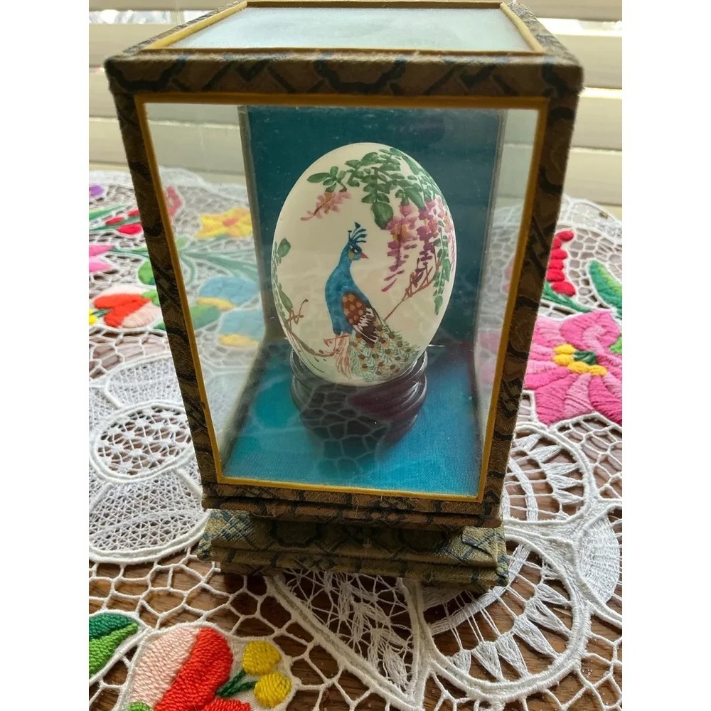Vintage Hand Painted Egg - Peacock - Birds and Flowers With Display Case